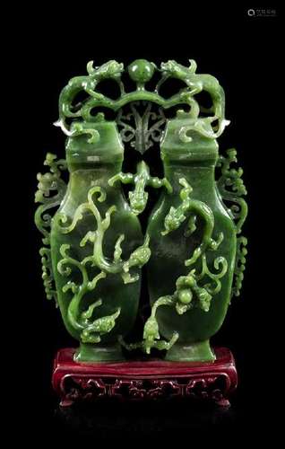 * A Spinach Jade Double Vase Height 8 1/2 inches.