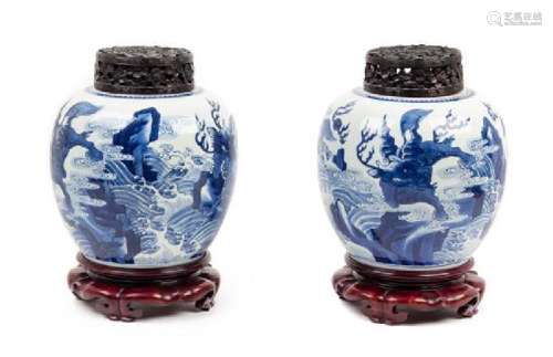 * A Pair of Blue and White 'Mythical Beast' Porcelain