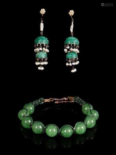 A Pair of Jadeite and Gold Earrings and a Jadeite