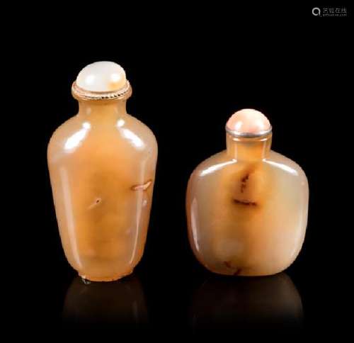 Two Agate Snuff Bottles Height of tallest 3 inches.