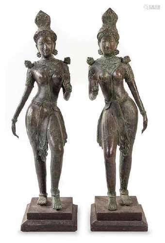 * A Pair of Indian Bronze Figures of Deities Height 42