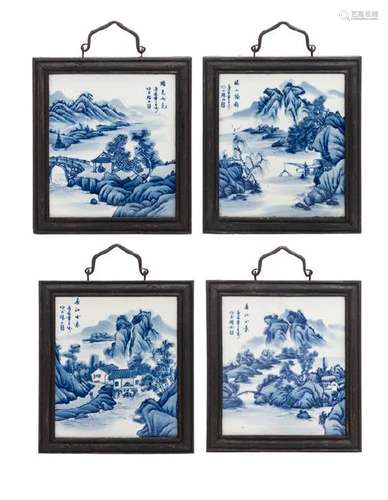 * A Set of Four Blue and White Porcelain Rectangular