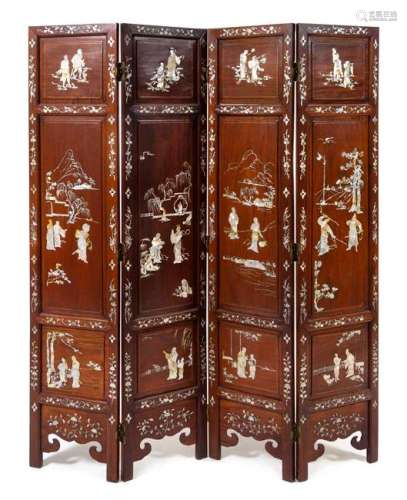 A Mother-of-Pearl Inlaid Huali Four-Panel Floor Screen
