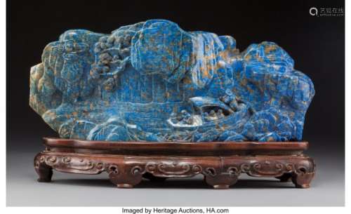 78118: A Chinese Carved Lapis Lazuli Mountain on Hardwo