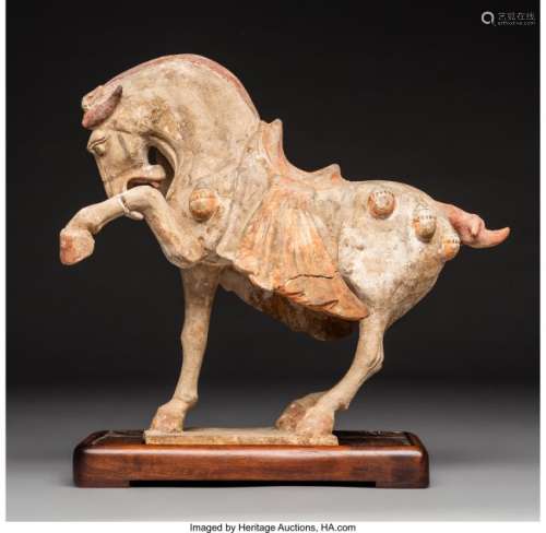 78121: A Chinese Painted Pottery Horse Figure on Stand,