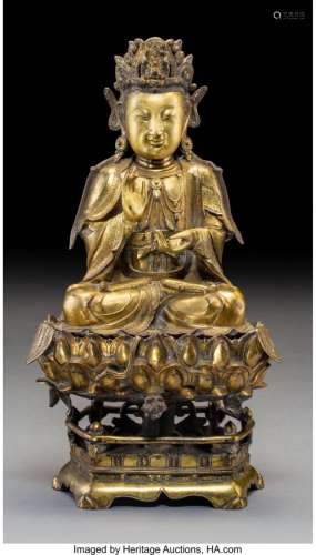 78209: A Chinese Gilt Bronze Guanyin Figure on Stand, l