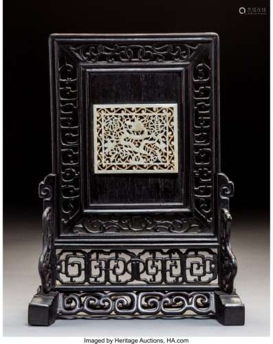 78089: A Chinese Reticulated White Jade Plaque in Hardw