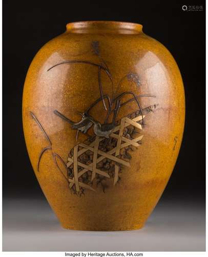 78408: A Japanese Patinated Bronze Ovoid Vase with Mixe