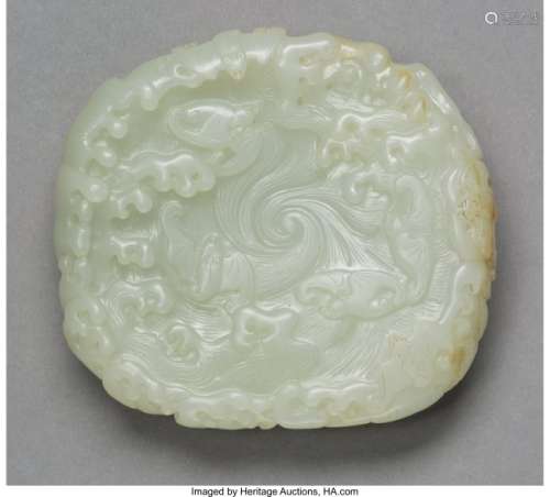 78053: A Chinese Jade Bat and Wave Carving 3-1/2 x 3 x