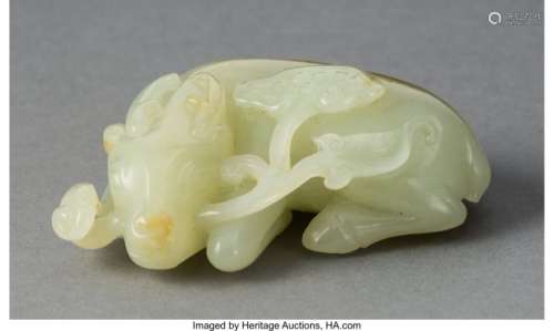 78051: A Chinese Carved Celadon Jade Deer, Qing Dynasty