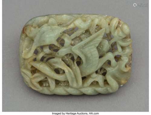 78040: A Chinese Carved Celadon Jade Crane Buckle, Yuan