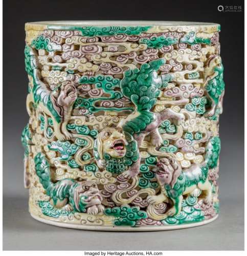 78183: A Chinese Sancai Decorated Porcelain Brush Pot,