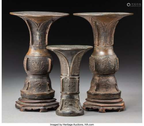 78213: A Group of Three Chinese Bronze Gu Vases, Ming-Q