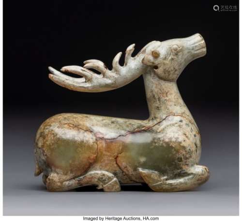 78037: A Chinese Mottled Nephrite Jade Stag, Han Dynast