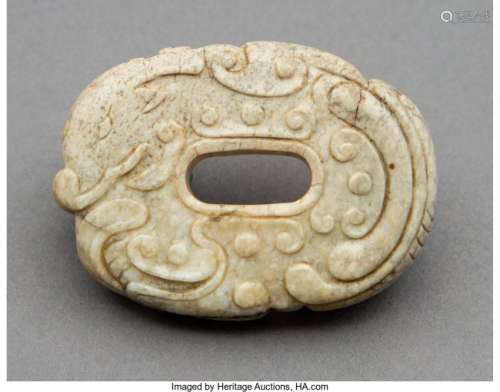 78045: A Chinese Carved Calcified Jade Oval Pendant, Mi