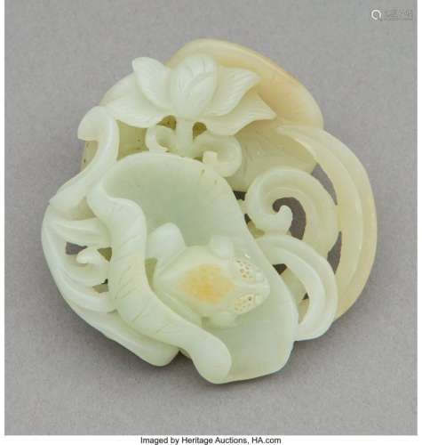 78096: A Chinese Carved White Jade Pebble Frog and Lotu