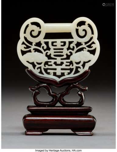 78090: A Chinese Carved White Jade Lock Pendant on Hard