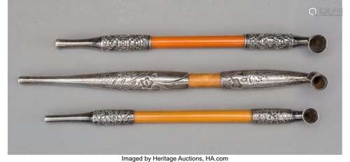 78394: A Group of Three Japanese Silver and Bamboo Pipe