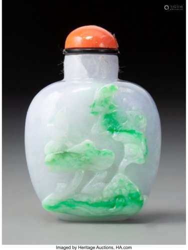 78028: A Chinese Carved Lavender and Green Jadeite Snuf