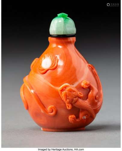 78022: A Chinese Carved Coral Dragon Snuff Bottle 1-7/8