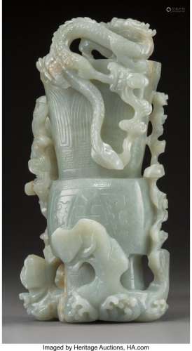 78109: A Chinese Celadon Jade Spill Vase with Dragon an