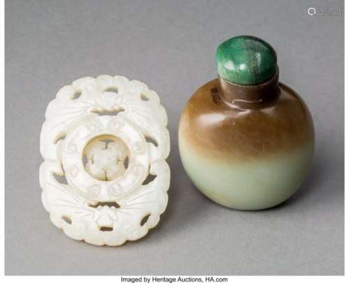 78094: A Chinese Brown and Celadon Jade Snuff Bottle wi