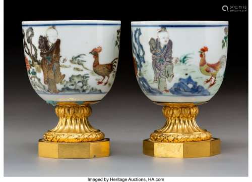 78232: A Pair of Chinese Enameled Porcelain Cups on Gil