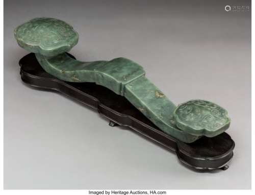 78104: A Chinese Carved Spinach Jade Ruyi Scepter on Ha