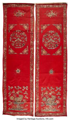 78272: A Pair of Chinese Silk Embroidered Red Felt Chai