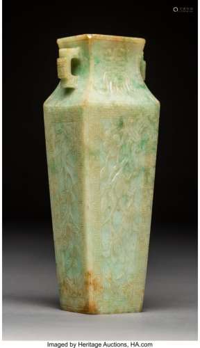 78112: A Chinese Carved Jadeite Square-Form Vase, late