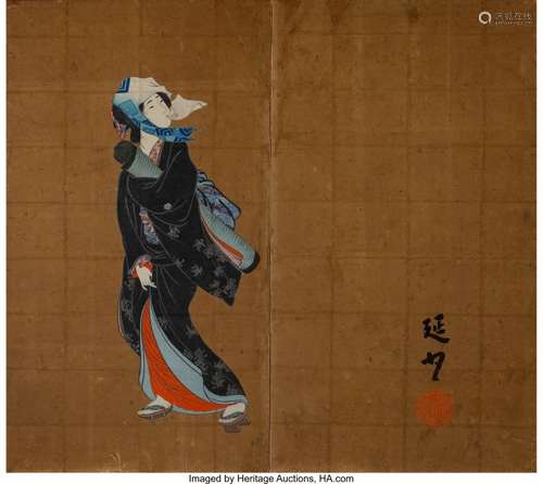 78417: Japanese School, signed Nobuyu Woman Holding Mat