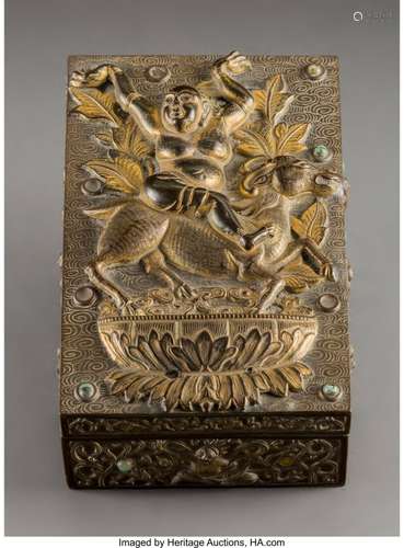 78372: A Tibetan Cabochon-Mounted Gilt Bronze Box, 19th