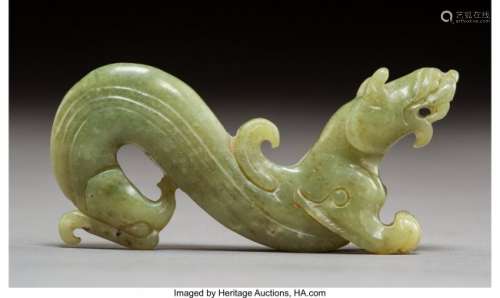 78042: A Chinese Archaistic Celadon Jade Qilong Carving