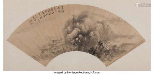 78299: Chinese School Landscape, Qing Dynasty Fan leaf,