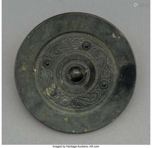 78206: A Chinese Bronze Mirror, Tang Dynasty 4-1/4 x 4-