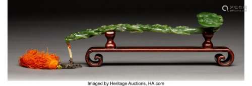 78105: A Spinach Jade Ruyi Scepter on Hardwood Stand, 2
