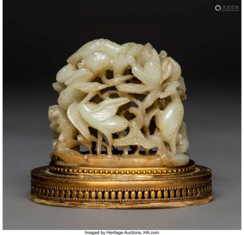 78038: A Chinese Carved Jade and Gilt Metal Censer Fini