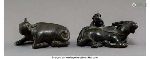 78224: Two Chinese Bronze Water Buffalo-Form Scroll Wei