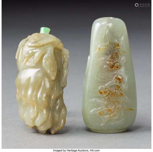 78036: Two Chinese Carved Celadon Jade Snuff Bottles, Q