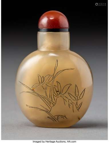 78018: A Chinese Inscribed Agate OrchidSnuff Bottle, la