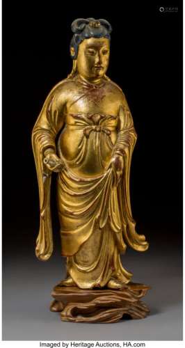 78257: A Chinese Gilt and Lacquered Wood Figure of Guan