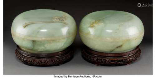 78114: A Pair of Large Chinese Carved Celadon Jade Boxe