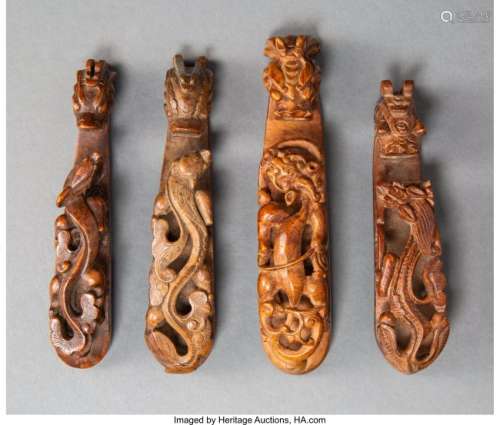78262: A Group of Four Chinese Carved Wood Chilong Belt