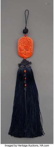 78082: A Chinese Carved Coral Plaque with Indigo Knotte