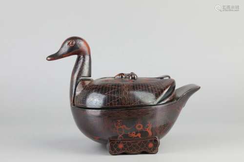 Han Red Lacquer Duck-Shaped Covered Box