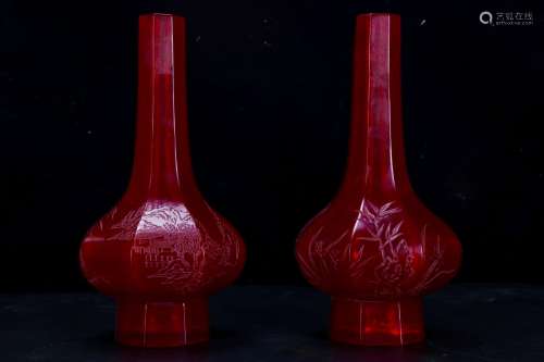 Pair Qing Red Glass Inscribed 'Plum' Vase
