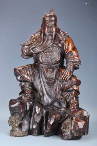 A Qing Huanghuali Carved Figure of Guanyu