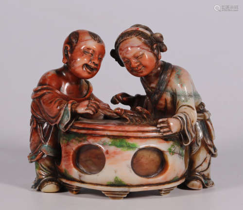 Qing Painted Soapstone 'Playing Children'