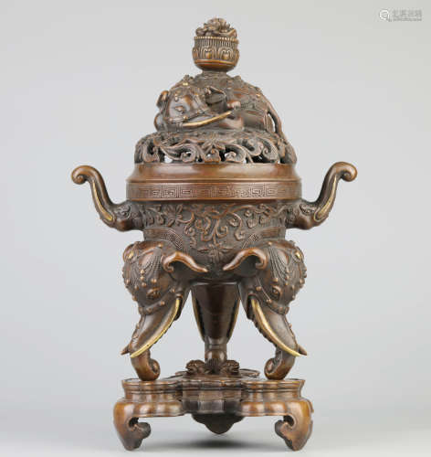 A Qing Pure Copper 'Elephant' Tripod Censer And Cover
