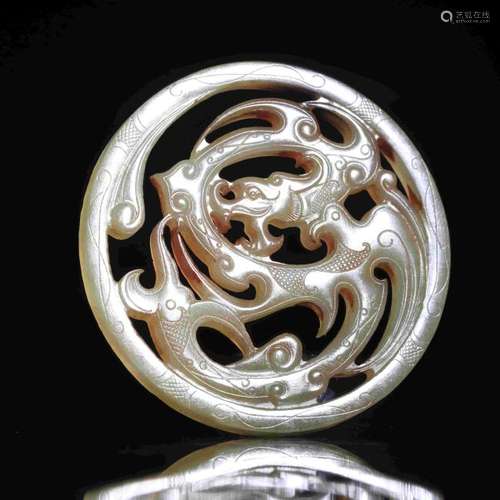 CARVED JADE PENDANT CARVED WITH DRAGON AND PHOENIX ON